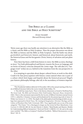 The Bible As a Classic and the Bible As Holy Scripture*