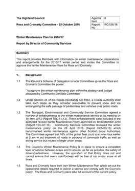 Winter Maintenance Plan for 2016/17