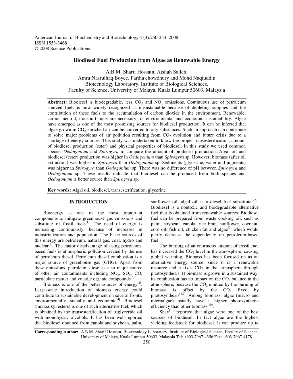 Biodiesel Fuel Production from Algae As Renewable Energy