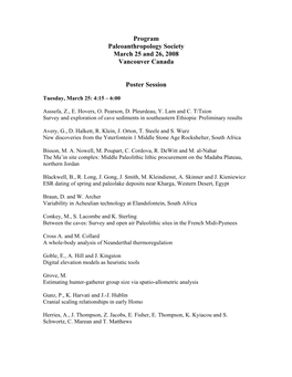 Program Paleoanthropology Society March 25 and 26, 2008 Vancouver Canada Poster Session