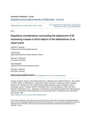 Regulatory Considerations Surrounding the Deployment of Bt-Expressing Cowpea in Africa Report of the Deliberations of an Expert Panel" (2011)