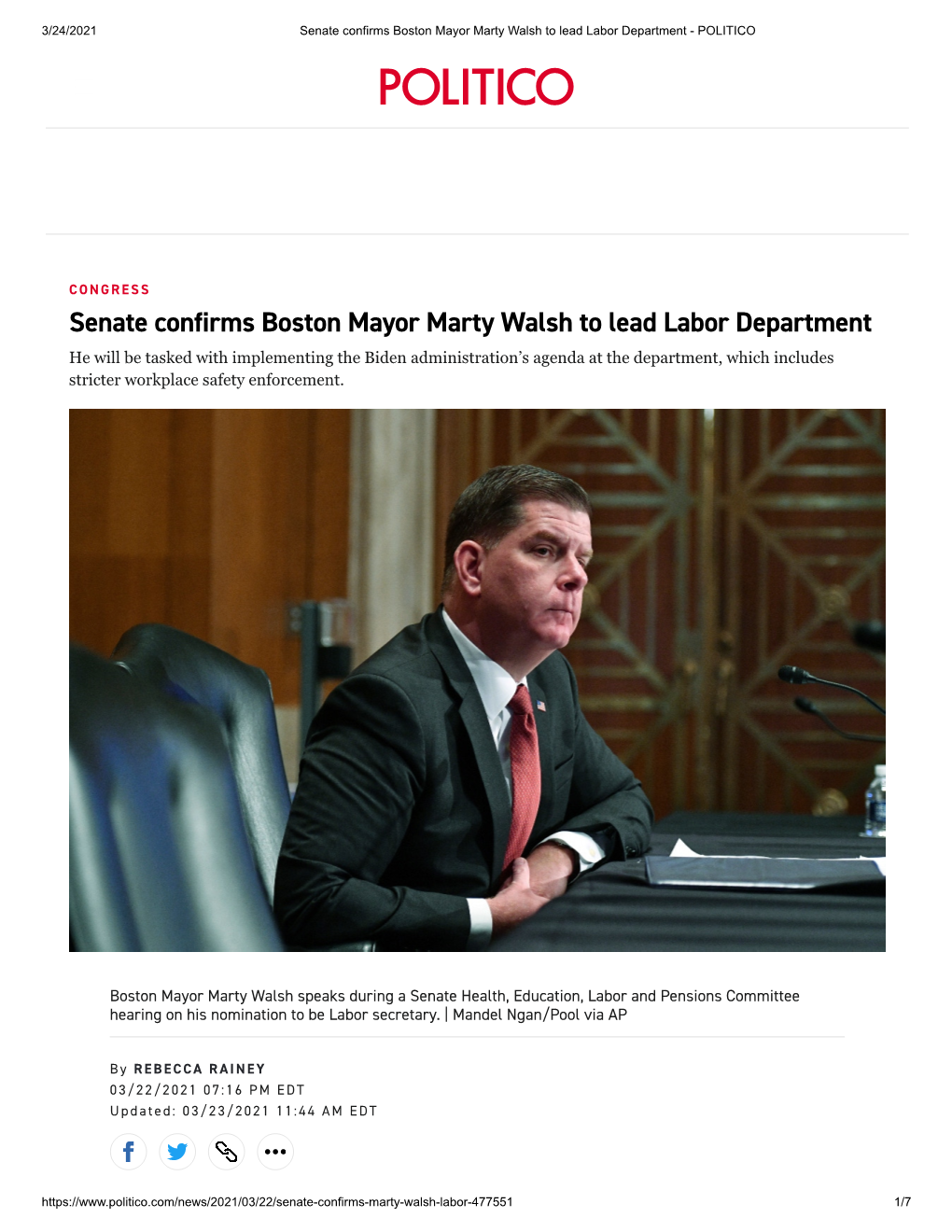 Senate Confirms Boston Mayor Marty Walsh to Lead Labor Department - POLITICO