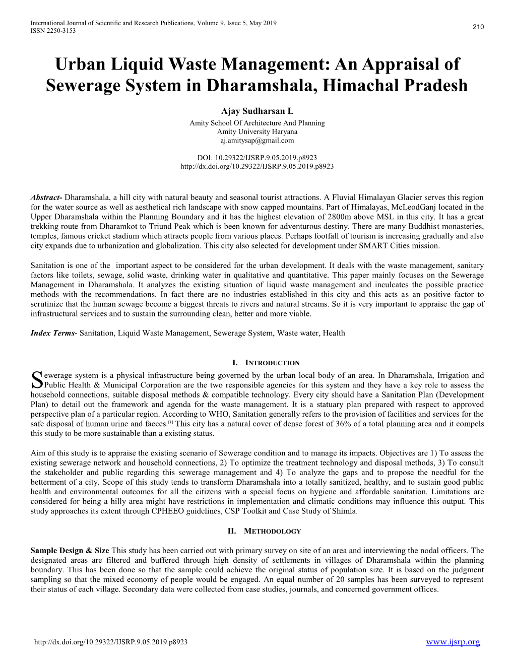 An Appraisal of Sewerage System in Dharamshala, Himachal Pradesh