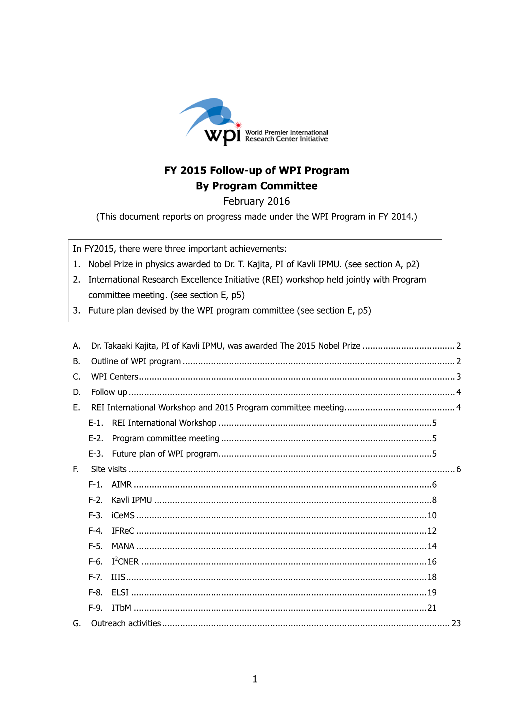 1 FY 2015 Follow-Up of WPI Program by Program Committee February