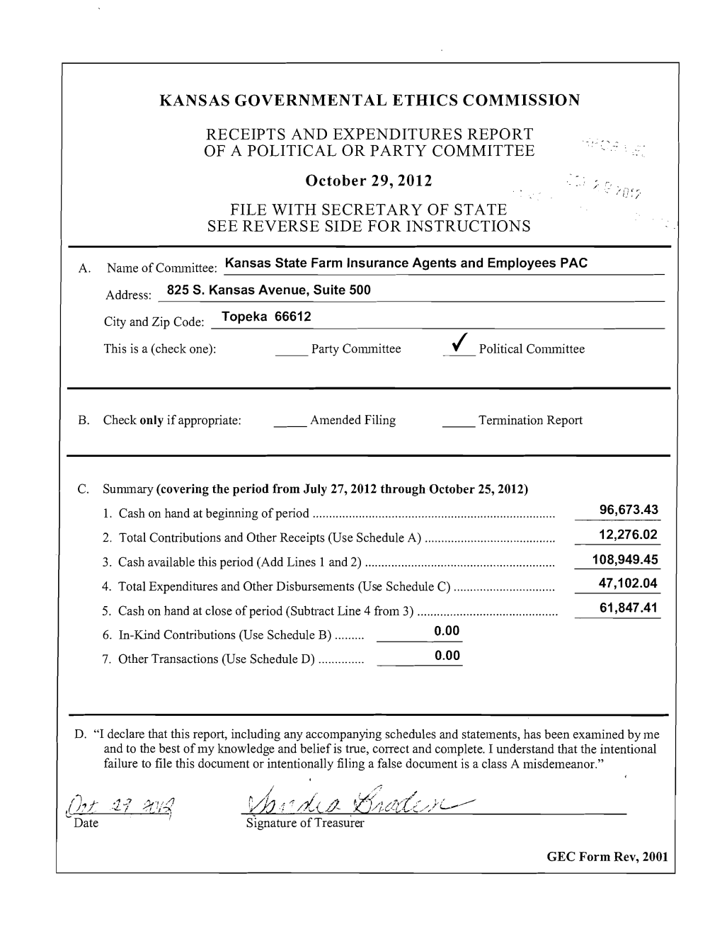 Kansas Governmental Ethics Commission Receipts And