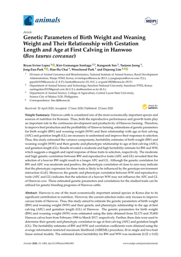Genetic Parameters of Birth Weight and Weaning Weight and Their Relationship with Gestation Length and Age at First Calving in Hanwoo (Bos Taurus Coreanae)
