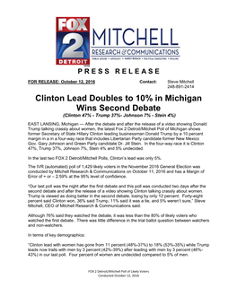 Clinton Lead Doubles to 10% in Michigan Wins Second Debate (Clinton 47% - Trump 37%- Johnson 7% - Stein 4%)