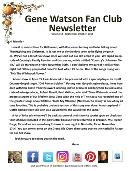 Gene Watson Fan Club Newsletter Volume 58 September-October, 2018