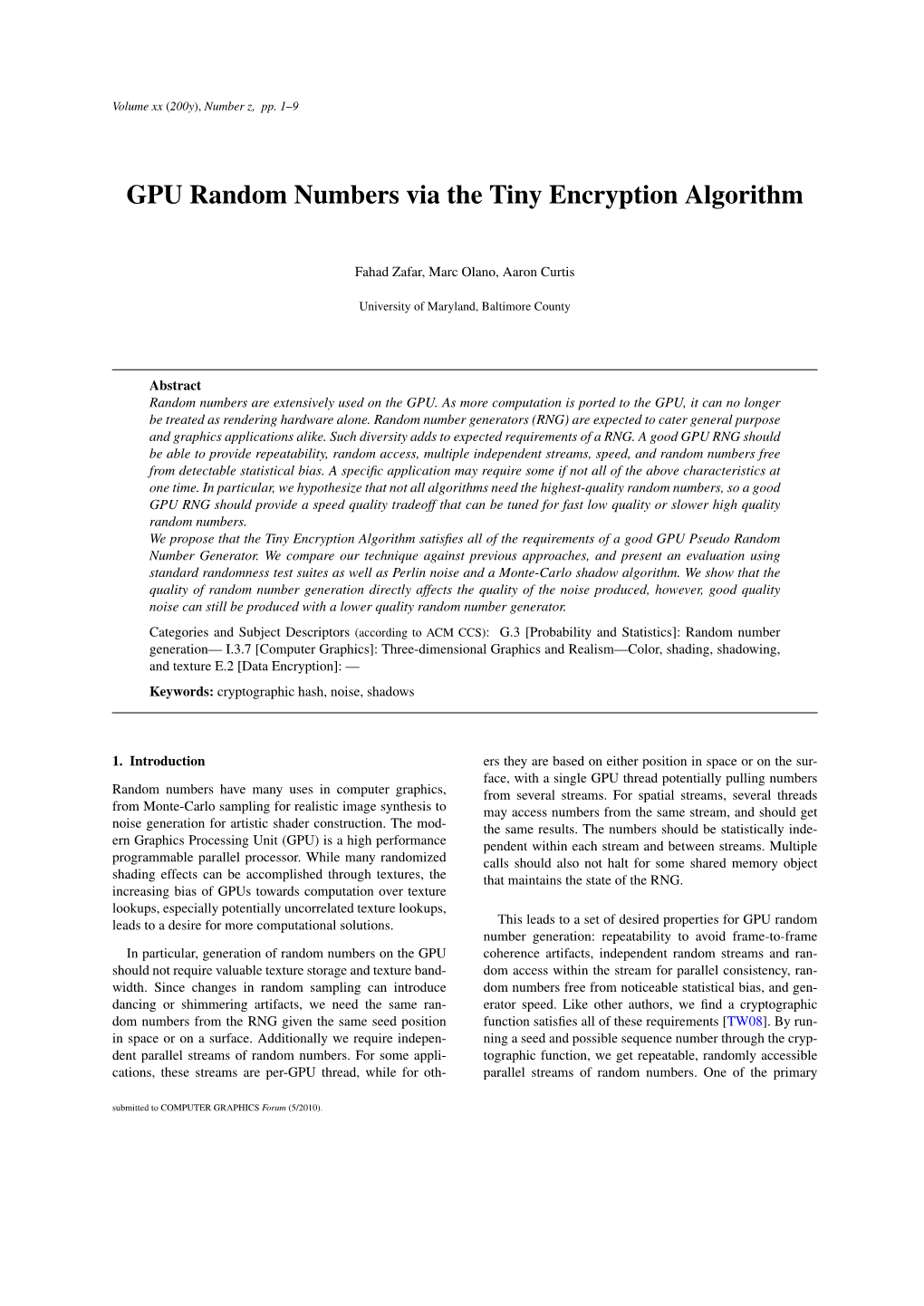 GPU Random Numbers Via the Tiny Encryption Algorithm