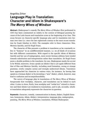 Character and Idiom in Shakespeare's the Merry Wives of Windsor