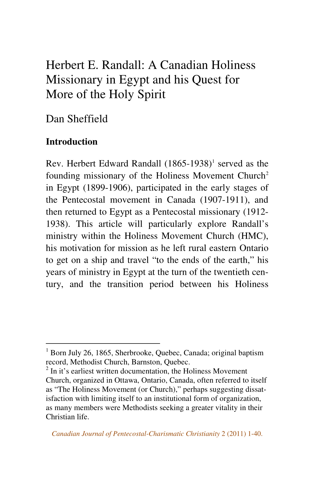 Herbert E. Randall: a Canadian Holiness Missionary in Egypt and His Quest for More of the Holy Spirit