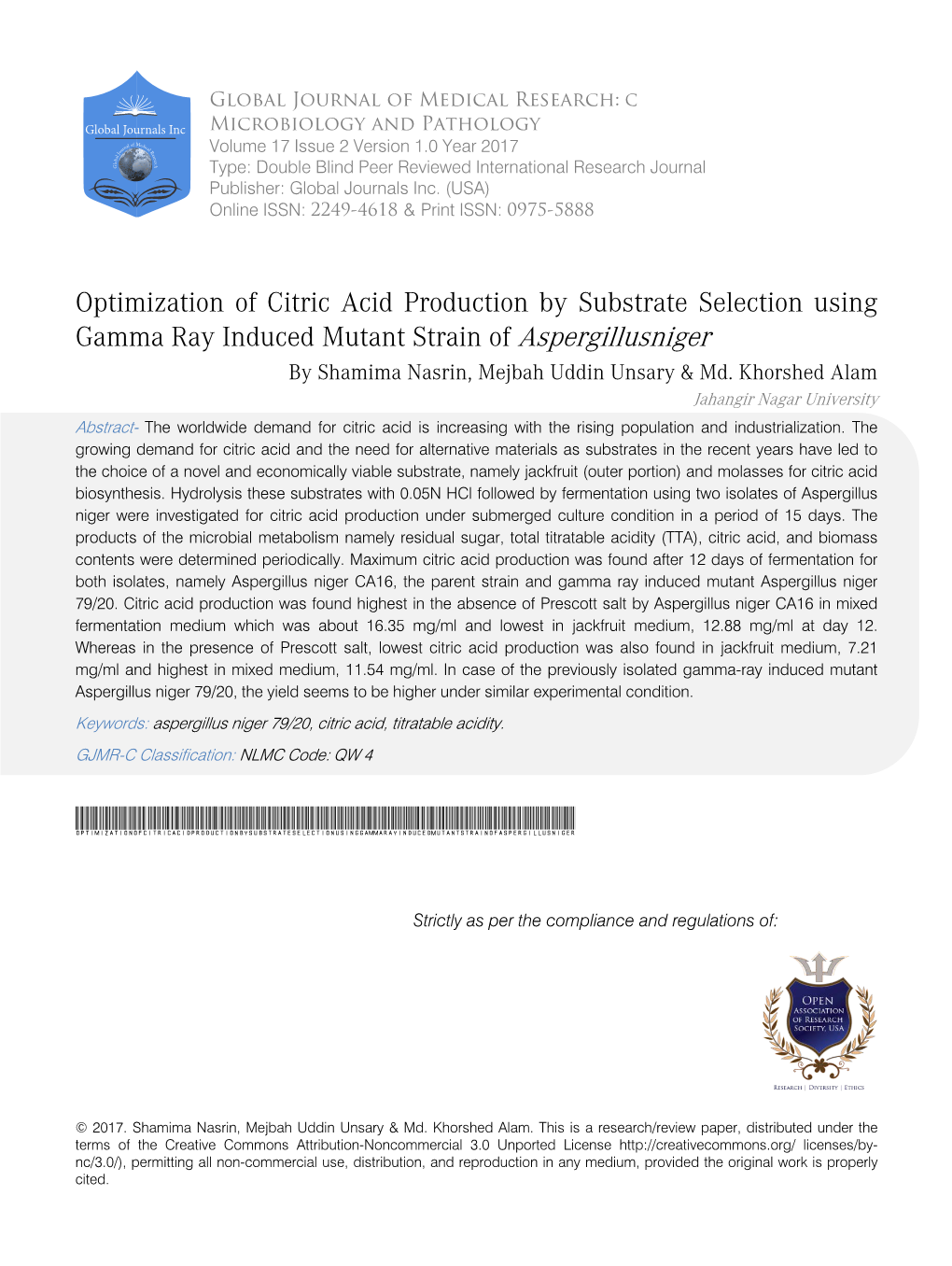 Optimization of Citric Acid Production by Substrate Selection Using Gamma Ray Induced Mutant Strain of Aspergillusniger by Shamima Nasrin, Mejbah Uddin Unsary & Md