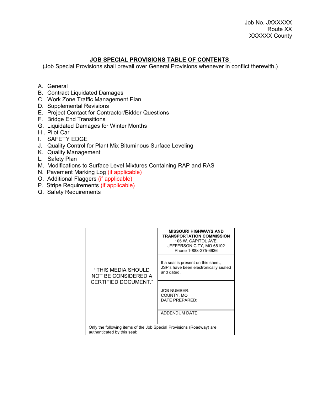 Job Special Provisions Table of Contents (Roadway) s3