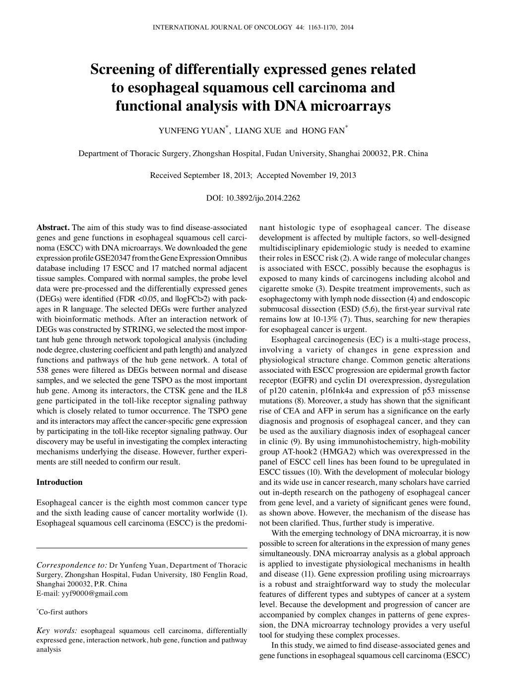 Screening of Differentially Expressed Genes Related to Esophageal Squamous Cell Carcinoma and Functional Analysis with DNA Microarrays