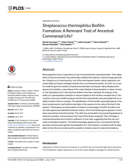 Streptococcus Thermophilus Biofilm Formation: a Remnant Trait of Ancestral Commensal Life?