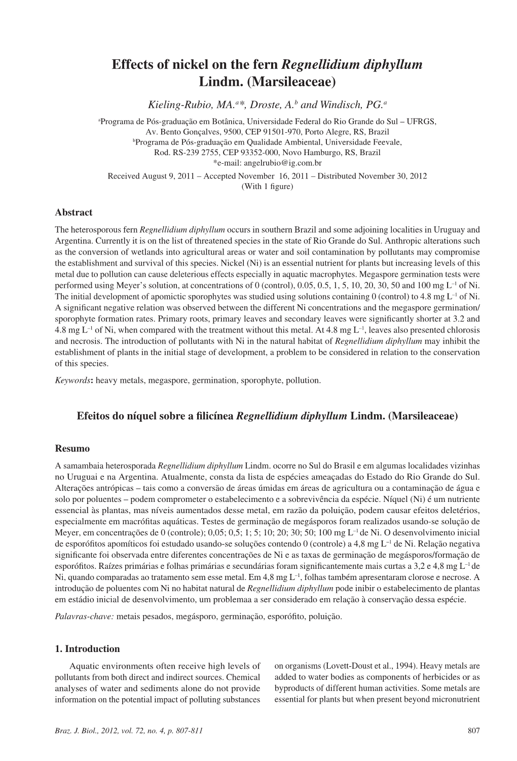 Effects of Nickel on the Fern Regnellidium Diphyllum Lindm