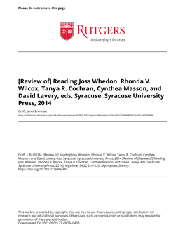 Reading Joss Whedon. Rhonda V. Wilcox, Tanya R. Cochran, Cynthea Masson, and David Lavery, Eds