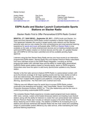 ESPN Audio and Slacker Launch Customizable Sports Stations on Slacker Radio