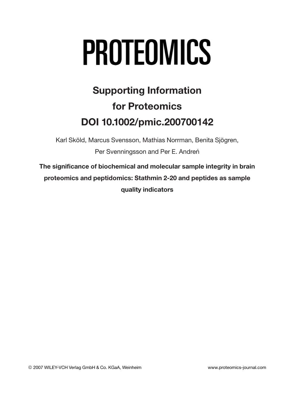 Supporting Information for Proteomics DOI 10.1002/Pmic.200700142