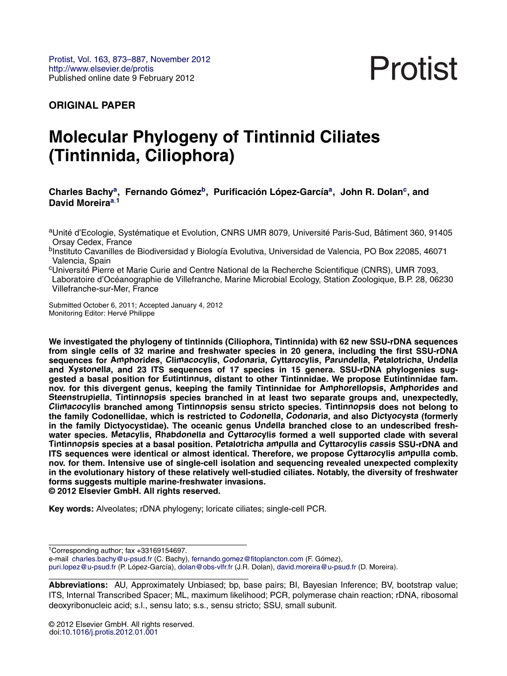 Molecular Phylogeny of Tintinnid Ciliates (Tintinnida, Ciliophora)