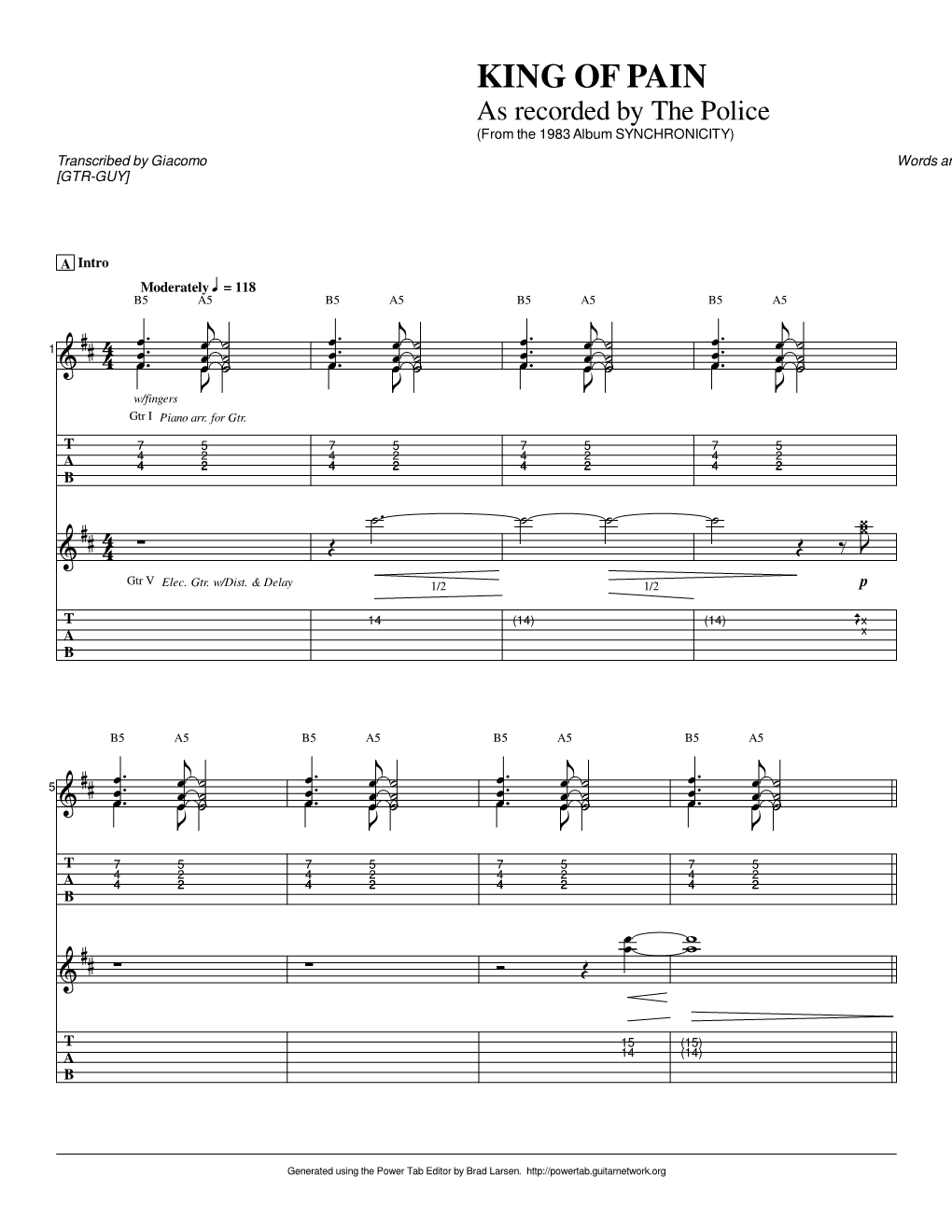 King of Pain Guitar Tab