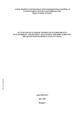 A Thesis Submitted to the Department of Environmental Sciences And