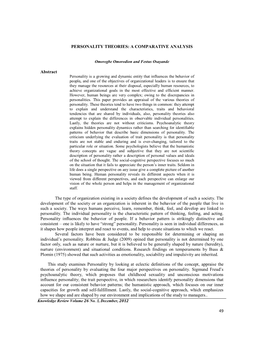 49 PERSONALITY THEORIES: a COMPARATIVE ANALYSIS Abstract the Type of Organization Existing in a Society Defines the Development