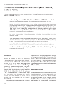 New Records of Lower Diptera (”Nematocera”) from Finnmark, Northern Norway