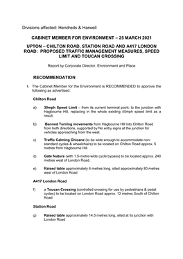 Upton – Chilton Road, Station Road and A417 London Road: Proposed Traffic Management Measures, Speed Limit and Toucan Crossing