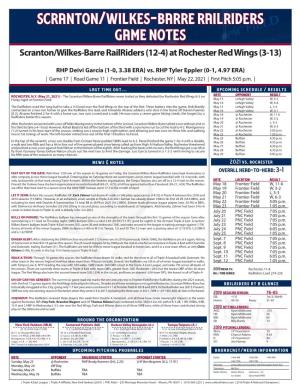 Scranton/Wilkes-Barre Railriders Game Notes Scranton/Wilkes-Barre Railriders (12-4) at Rochester Red Wings (3-13)