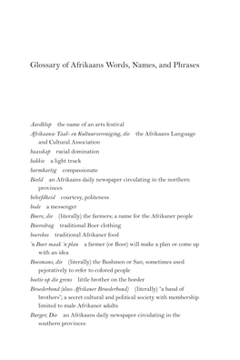 Glossary of Afrikaans Words, Names, and Phrases