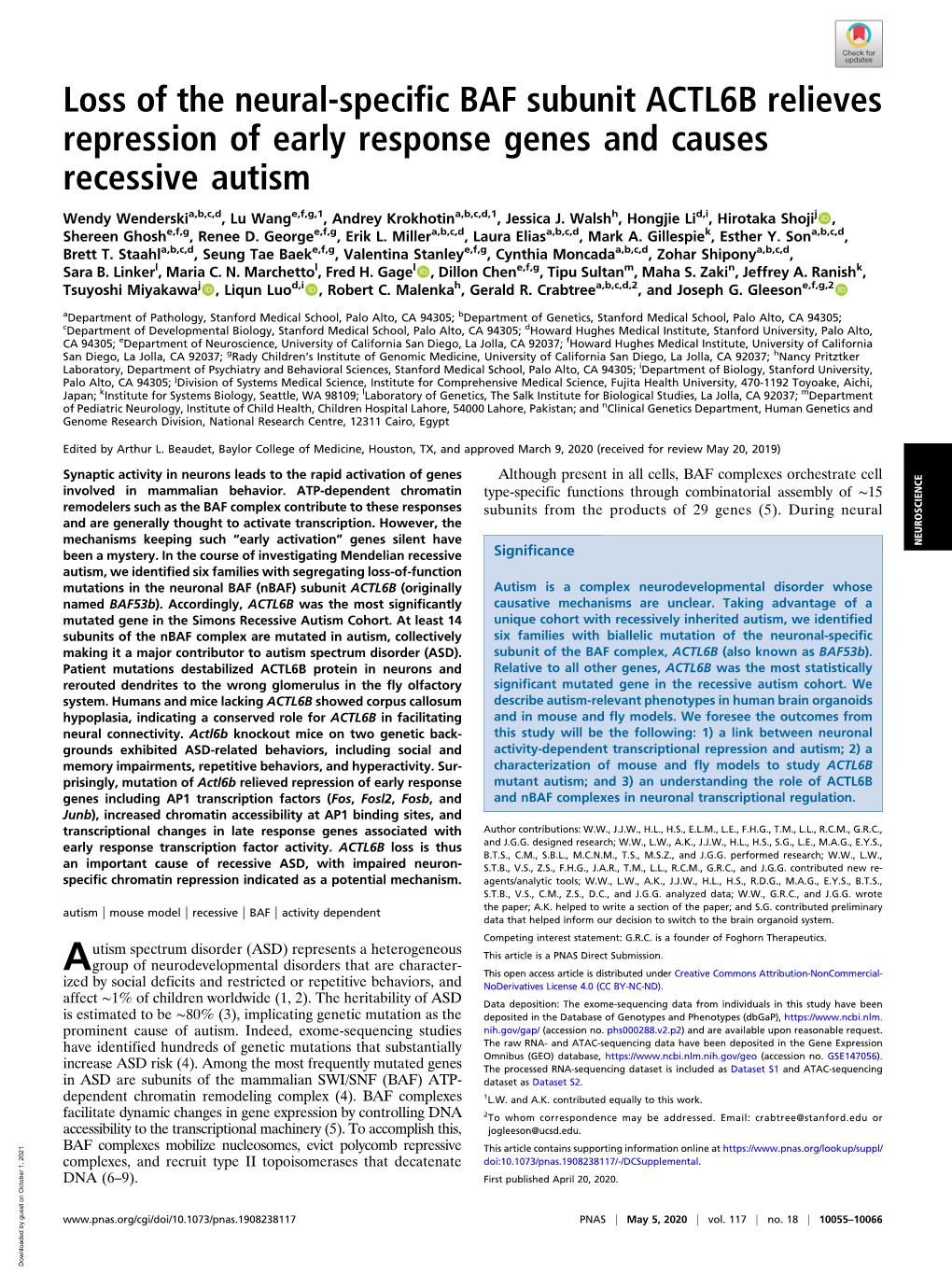 Loss of the Neural-Specific BAF Subunit ACTL6B Relieves Repression of Early Response Genes and Causes Recessive Autism