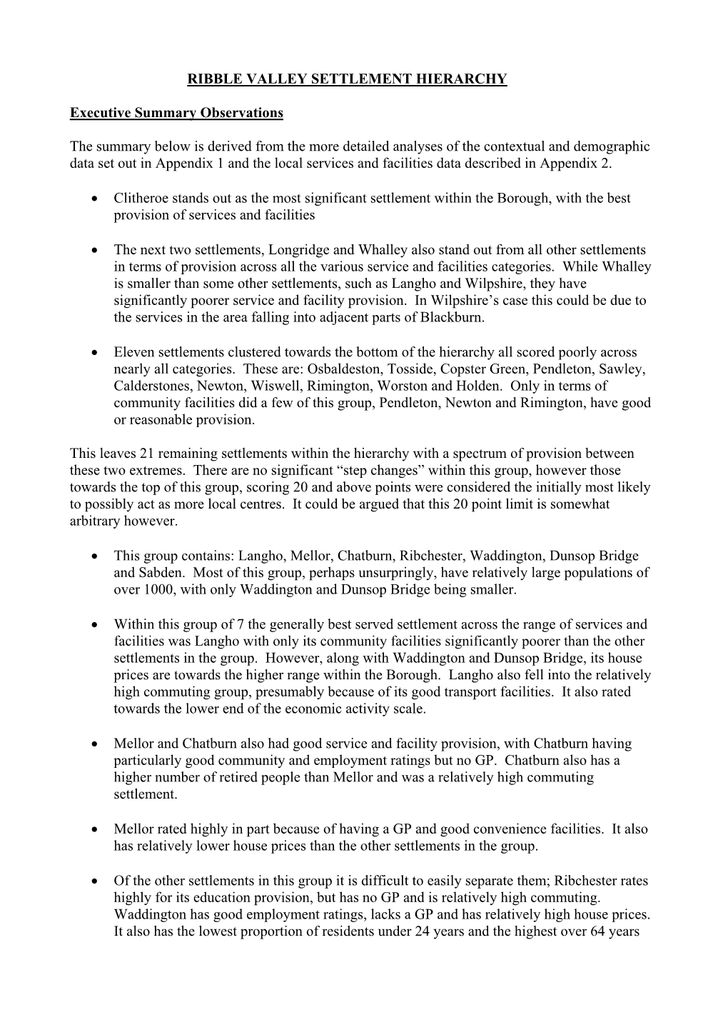 Ribble Valley Settlement Hierarchy