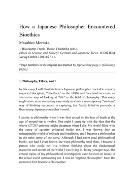 How a Japanese Philosopher Encountered Bioethics Masahiro Morioka -- Rövekamp, Frank / Bosse, Friederike (Eds.)