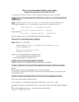 On Constructible Numbers and Angles Original Notes Adopted from March 5, 2002 (Week 21)