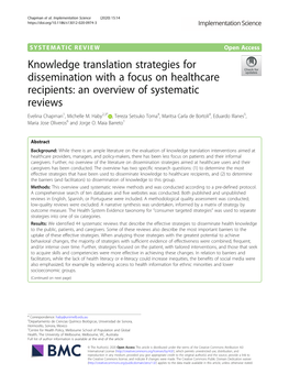 Knowledge Translation Strategies for Dissemination with a Focus on Healthcare Recipients: an Overview of Systematic Reviews Evelina Chapman1, Michelle M