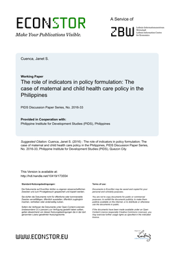 The Role of Indicators in Policy Formulation: the Case of Maternal and Child Health Care Policy in the Philippines