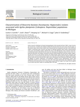 Characterization of Beauveria Bassiana (Ascomycota: Hypocreales) Isolates Associated with Agrilus Planipennis (Coleoptera: Buprestidae) Populations in Michigan