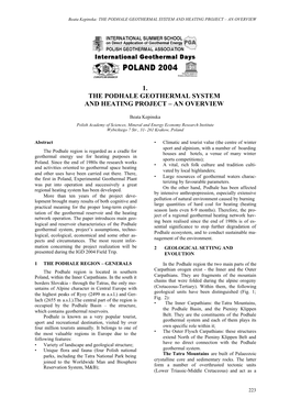 1. the Podhale Geothermal System and Heating Project Ð an Overview