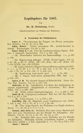 Lepidoptera Für 1907. Karl Grünberg