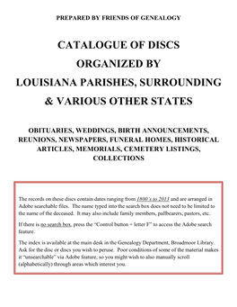Catalogue of Discs Organized by Louisiana Parishes, Surrounding & Various Other States