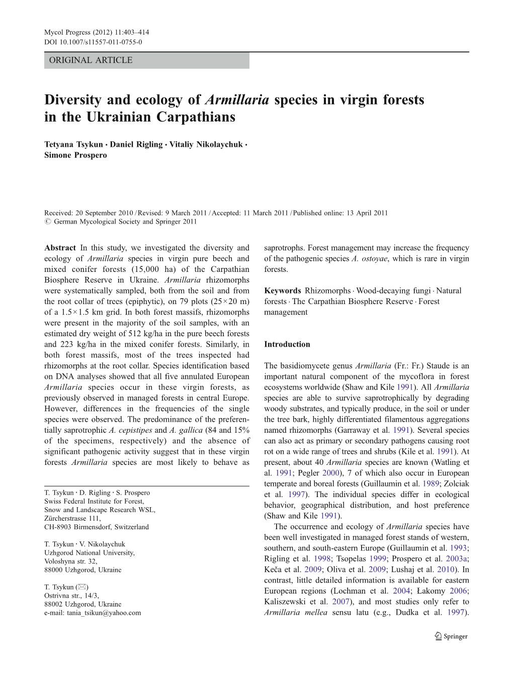 Diversity and Ecology of Armillaria Species in Virgin Forests in the Ukrainian Carpathians