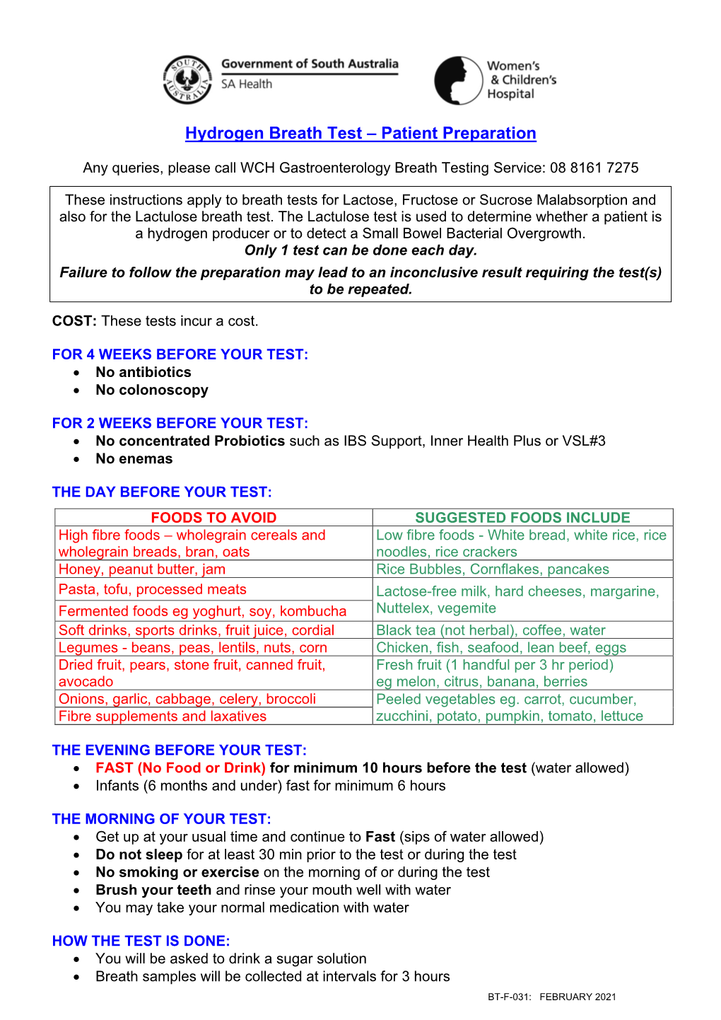 Hydrogen Breath Test – Patient Instructions For