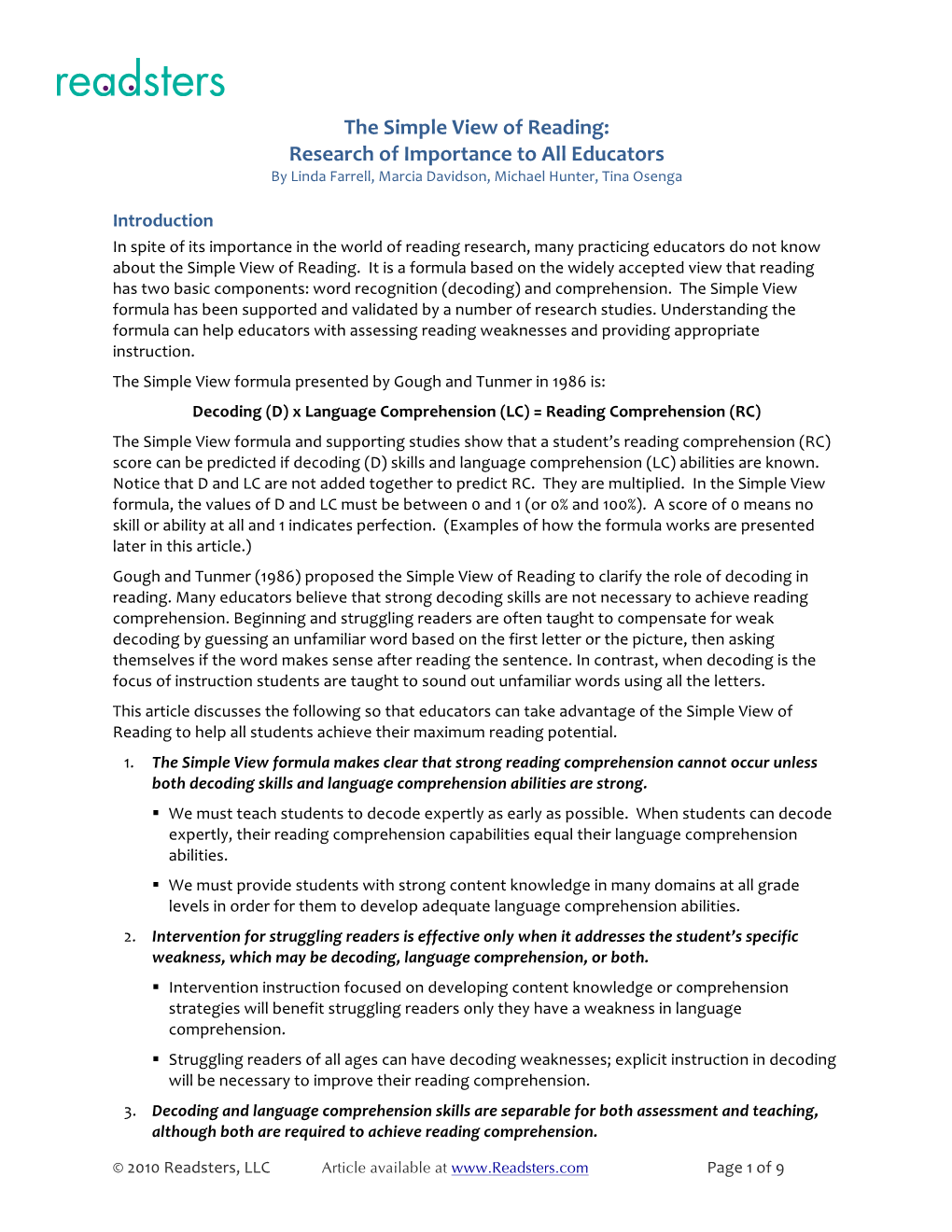 The Simple View of Reading: Research of Importance to All Educators by Linda Farrell, Marcia Davidson, Michael Hunter, Tina Osenga