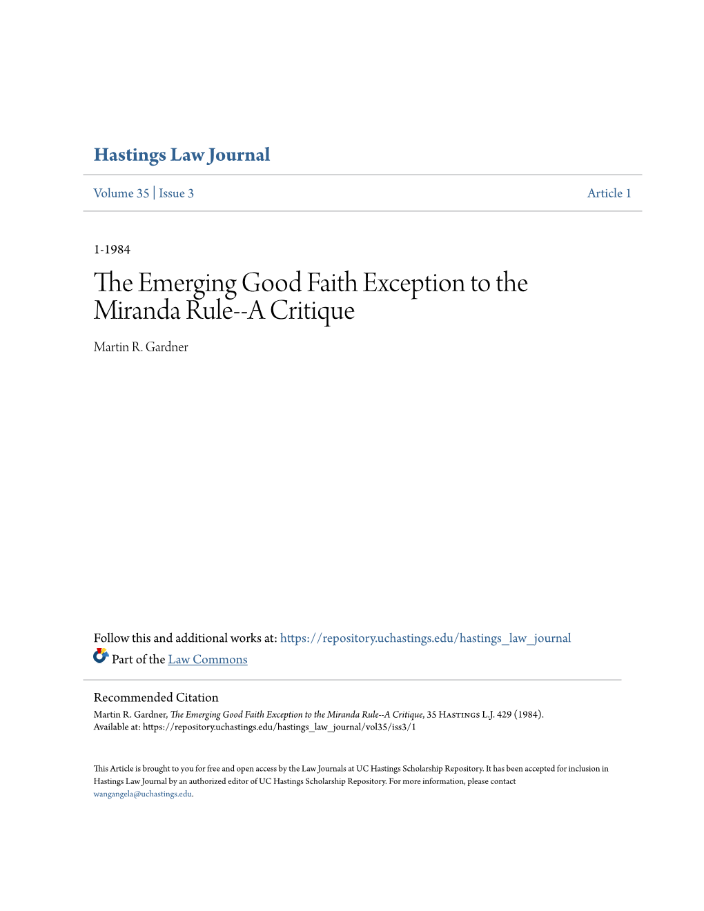 The Emerging Good Faith Exception to the Miranda Rule--A Critique, 35 Hastings L.J