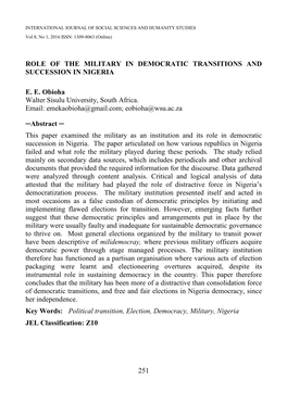 Role of the Military in Democratic Transitions and Succession in Nigeria