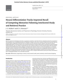 Neural Differentiation Tracks Improved Recall of Competing Memories Following Interleaved Study Downloaded from and Retrieval Practice J