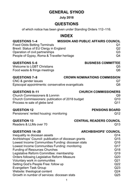 GENERAL SYNOD July 2018 QUESTIONS of Which Notice Has Been Given Under Standing Orders 112–116