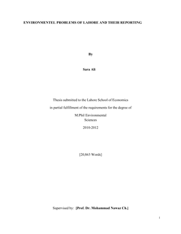 By Sara Ali Thesis Submitted to the Lahore School of Economics in Partial Fulfillment of the Requirements for the Degree Of