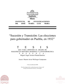 Sucesión Y Transición: Las Elecciones Para Gobernador En Puebla, En 1932”